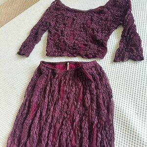 Free people burgundy 2pc lace skirt set